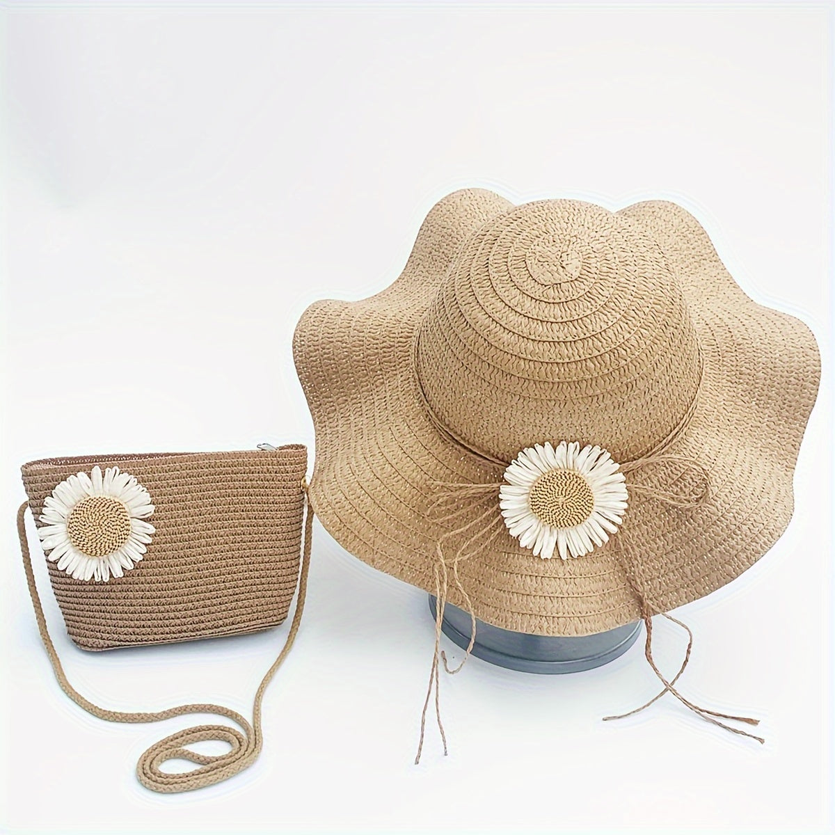 Women's 2-Piece Straw Hat and Pouch Set with Floral Accents, Adjustable Paper and PP Woven, Ideal for Outdoor and Vacation Use, Fashionable Country Style Elastic Hat with Matching Handbag -