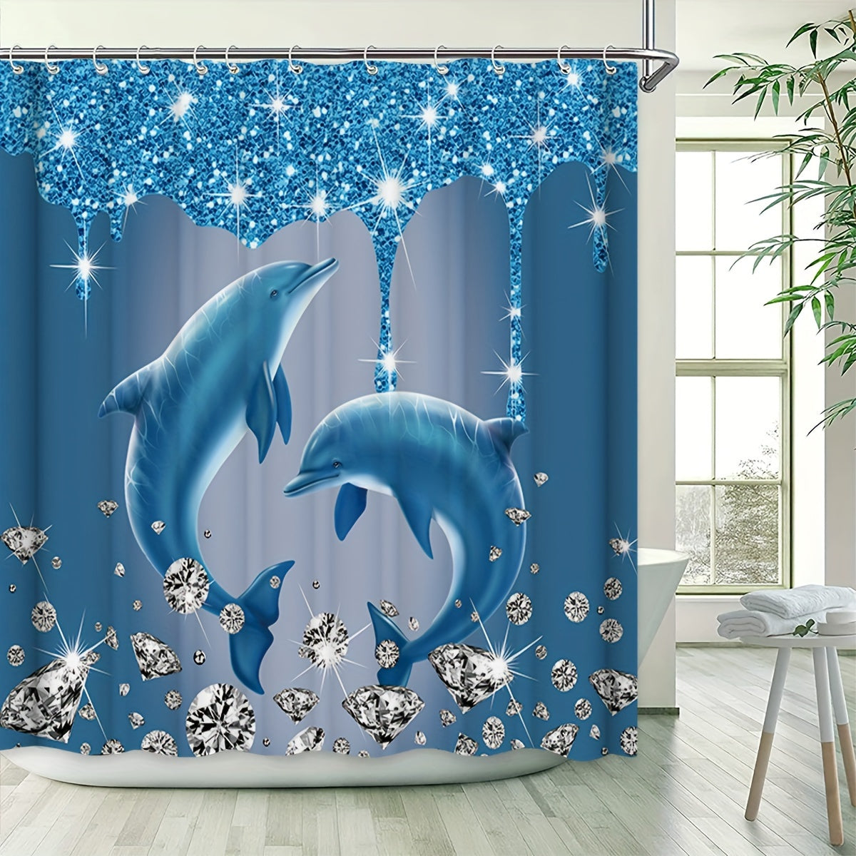 Diamond dolphin print shower curtain set with hooks, bath mat, rug, and toilet lid cover. Waterproof polyester fabric for all seasons.