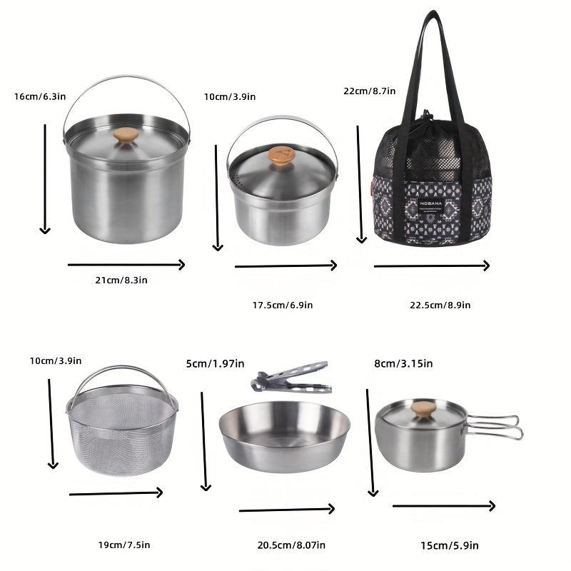 Stainless Steel Camping Cookware Set with 22 Pieces - High-Quality 304 Stainless Steel Outdoor Kitchen Utensils featuring Foldable Handles. Complete with Bowls, Plates, Skillet, Fry Pan and More. Ideal for Picnics, Road Trips, Camping and Home Use.