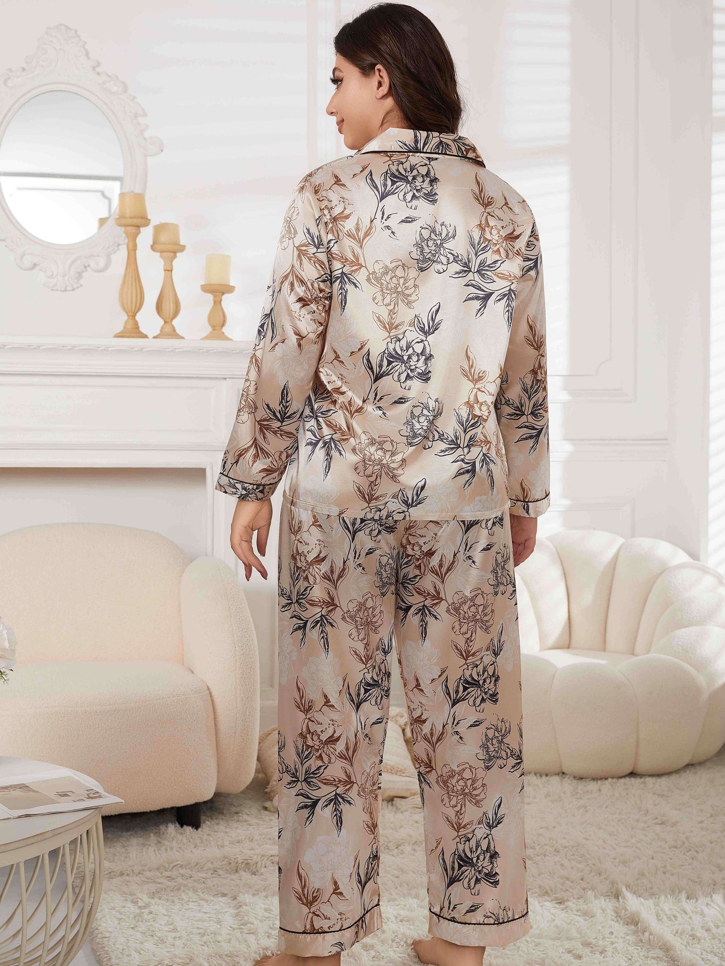 Plus size elegant loungewear set: Floral print long sleeve satin shirt and pants pajamas