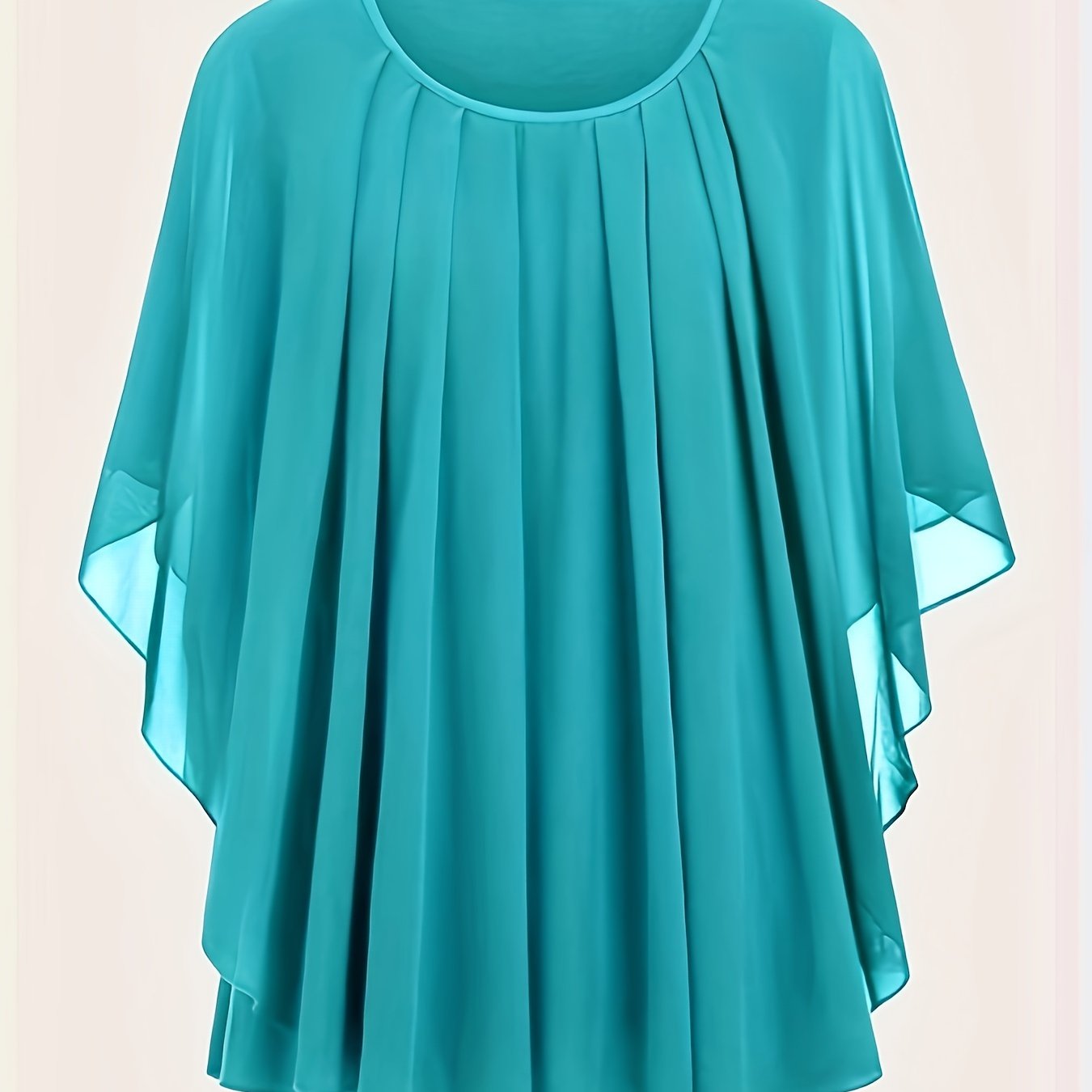 Solid pleated top with crew neck and batwing sleeves, perfect for spring and summer in plus sizes.