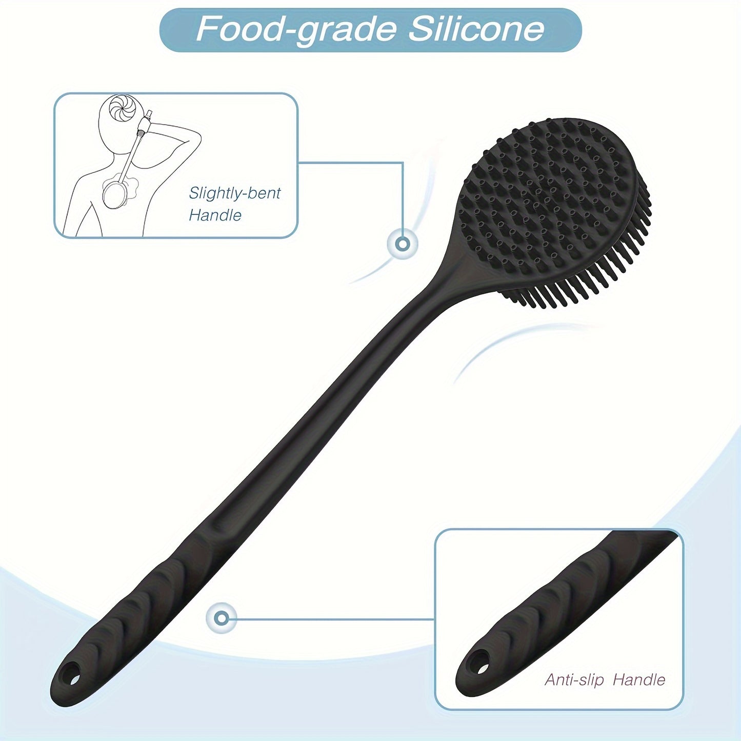 4-piece silicone bath & shower brush set with dual-sided long handle for back, face, and scalp massage. Gentle exfoliating body scrubber with soft bristles and non-slip grip for deep