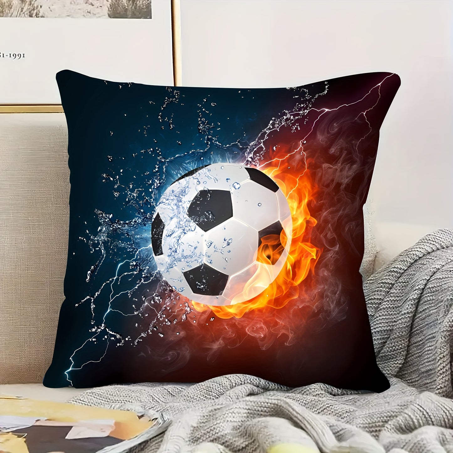 1pc plush pillow cover for basketball, football, and rugby with zipper, single-sided printing. Suitable for sofa and bedroom decoration. Pillow core not included. Size: 45.72x45.72 cm.