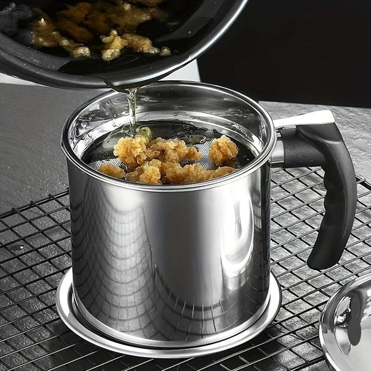 304 Grade Stainless Steel Oil Filter Pot with Sleek Pouring Spout - Food-Safe Container for Kitchen, Perfect for Storing Bacon Grease and Cooking Oils