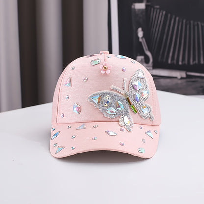 Lightweight cotton baseball cap with butterfly embellishments, rhinestone accents, adjustable fit, and woven craftsmanship. Fashionable sun protection hat for special occasions.