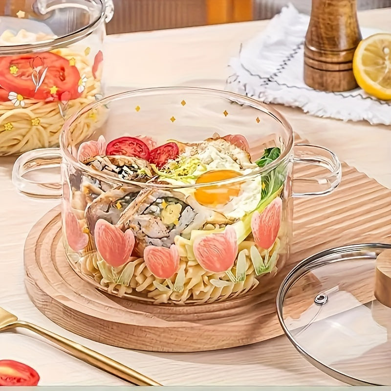 Glass soup pot with tulip print design, includes 1 heat-resistant pad and 5 sponge brushes. Made of high-borosilicate non-stick cookware material, suitable for use on electric stoves. Perfect for cooking soups, milk, and pasta in the kitchen.