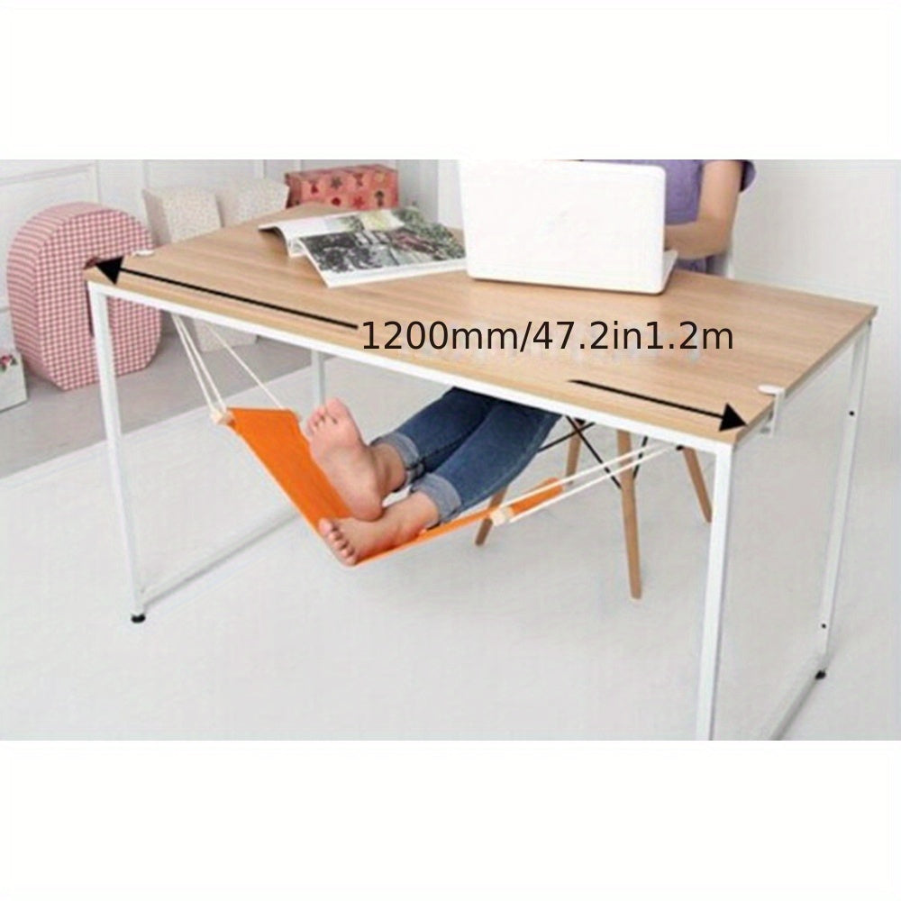 Portable under-desk footrest hammock made of linen in black and orange, adjustable for use in office, home, garden, and camping.