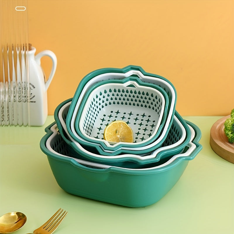 Set of 6 Double-layer Vegetable Washing Basins with Drain Baskets, Versatile Kitchen Drain Basket for Washing, Storage Basket for Washing Fruits and Vegetables, Multi-functional Kitchen Storage Basket, Bathroom and Kitchen Accessories