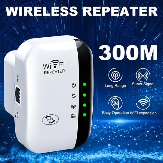 Enhance WiFi signal with 300M long range booster, easy setup, 2.4GHz frequency, Ethernet port, suitable for home, office, cafes.