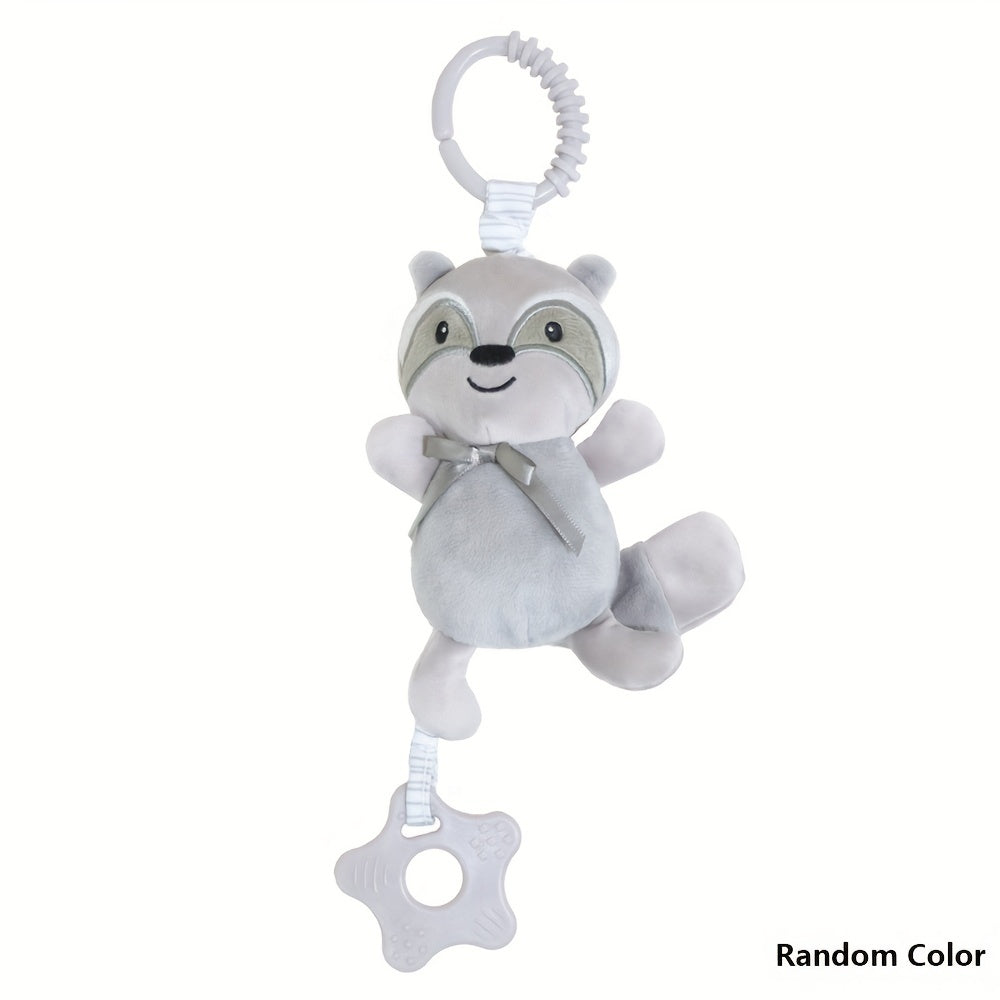 Soft animal sensory toys for newborns and infants, including hanging rattles, car seat toys, crib toys, and stroller toys with crinkle, squeaky, and teether features for boys and girls.