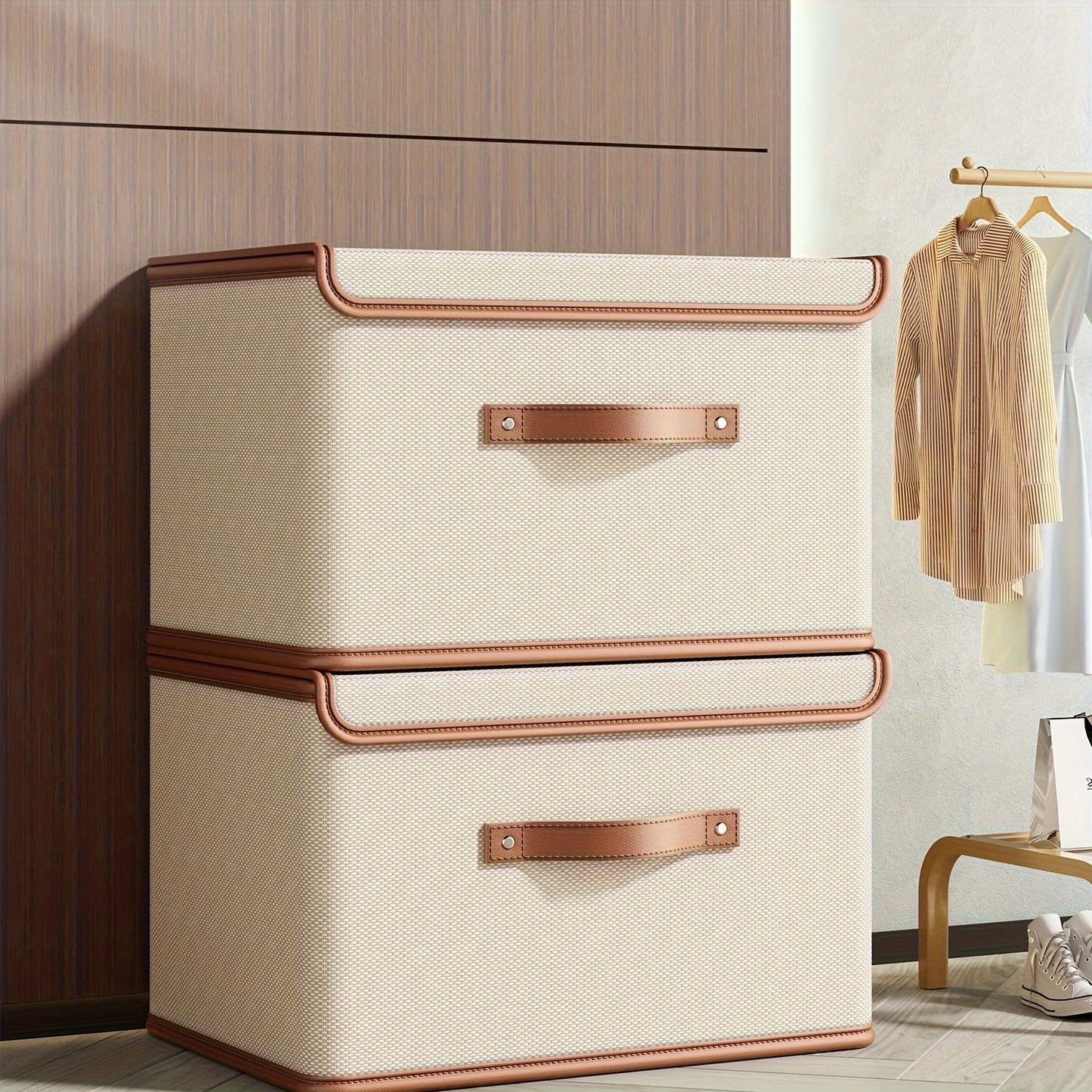 Two large fabric storage bins with lids, designed for organizing clothes, towels, and underwear. They are foldable and space-saving, with an unfinished appearance and insert mount design for easy transport and storage in travel, home, dorm, bedroom, or