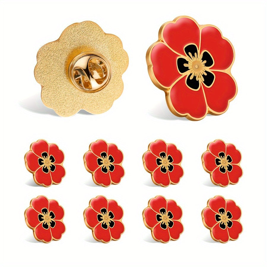 Set of 10 Patriotic Red Flower Brooches - Made of Alloy, Unique Men's Accessories