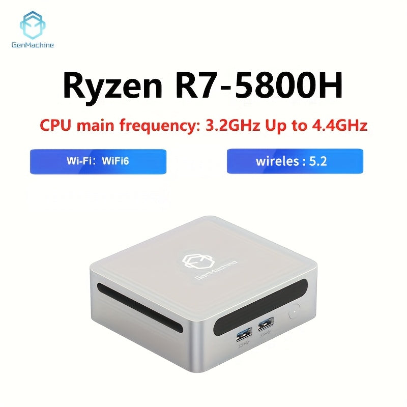 GenMachine AMD Ryzen 7 5800H Mini PC with 16GB RAM, 512GB SSD, Wi-Fi 6, Wireless 5.0, and high-frequency CPU for gaming, home office, and entertainment.