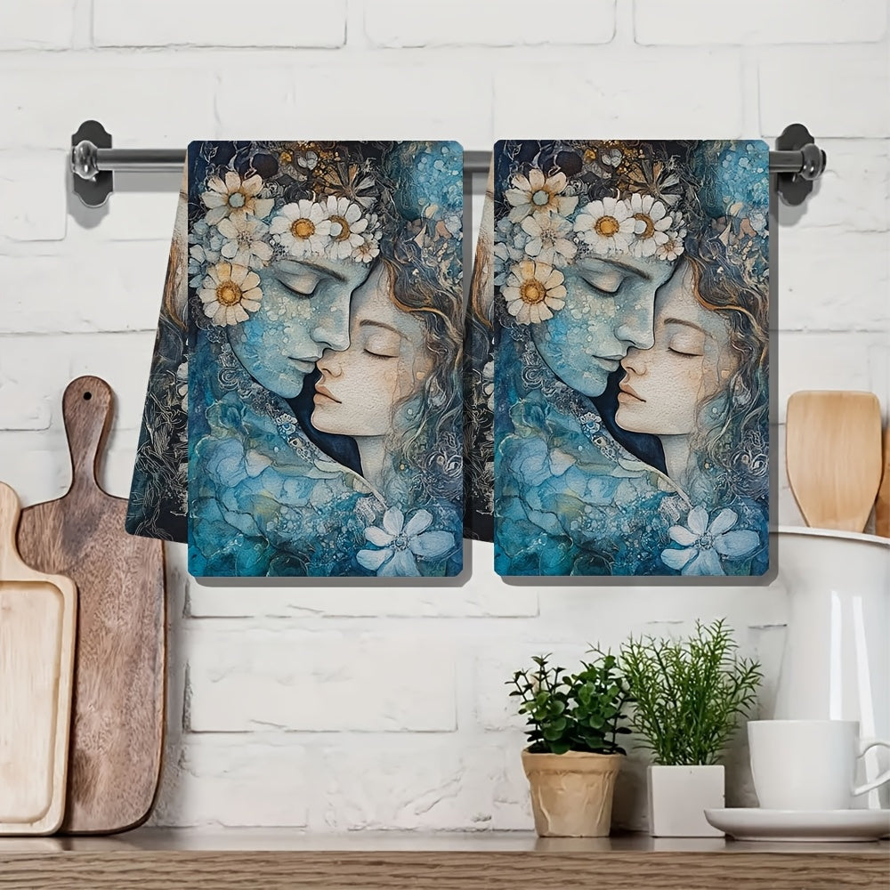 Two pieces of ultra soft kitchen towels featuring the "Serenity of Love" artistic design. These highly absorbent and machine washable dish hand towels measure 40.64x60.96 cm. Perfect for contemporary coastal decor, these towels feature a floral and