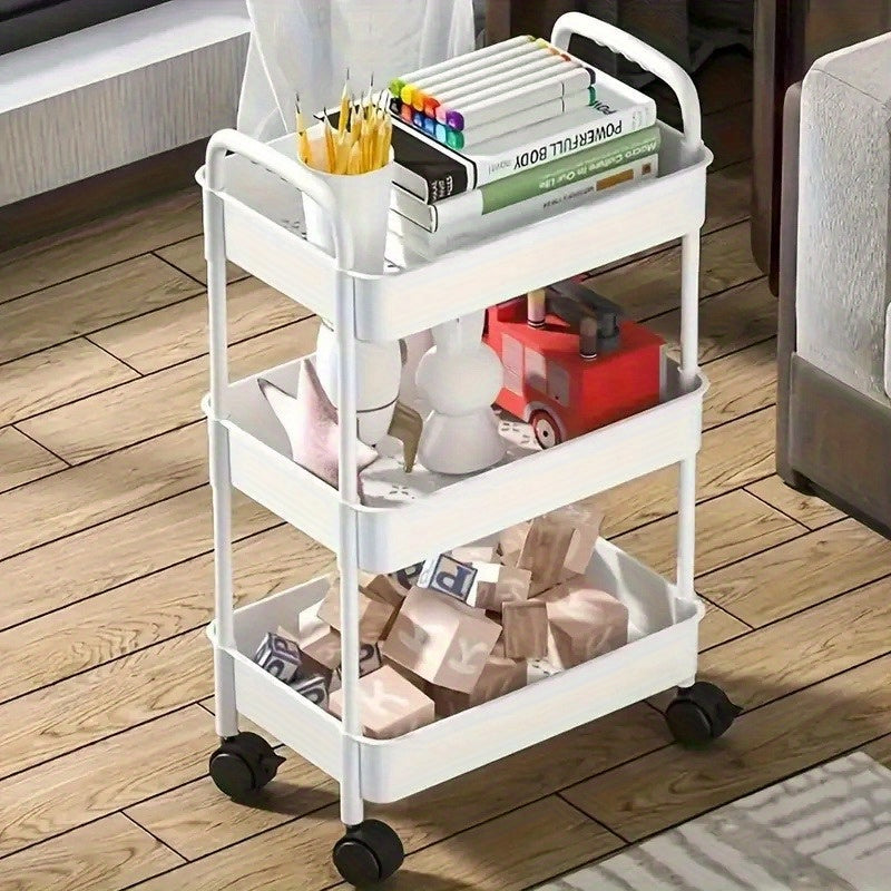 Versatile White Rolling Storage Cart with Wheels - 3-Tier Organizer for Kitchen, Bedroom, Bathroom & Beyond - Simple Assembly, Sturdy Plastic with Multi-Functional Shelves for Snacks, Books, and Supplies