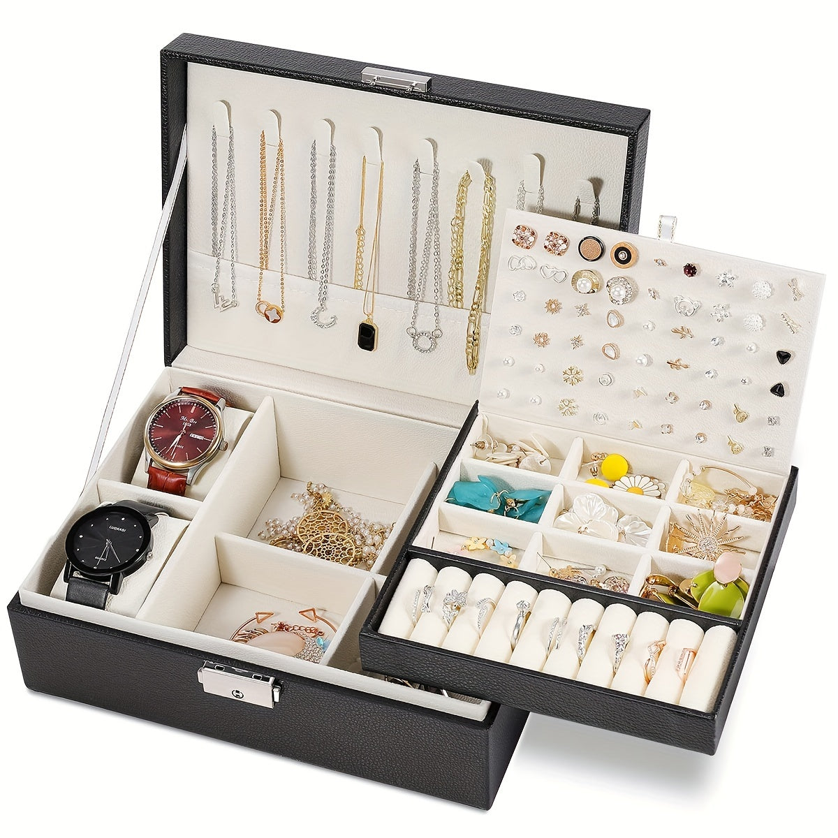 Spacious double-layer jewelry organizer box for women, ideal for storing various accessories. Great Valentine's Day gift idea.