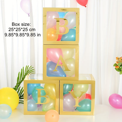 4-piece set of 9.85-inch baby gift box with BABY letters, including a white transparent square box and a transparent balloon box for birthday party decoration and gender reveal gifts (balloons not included).