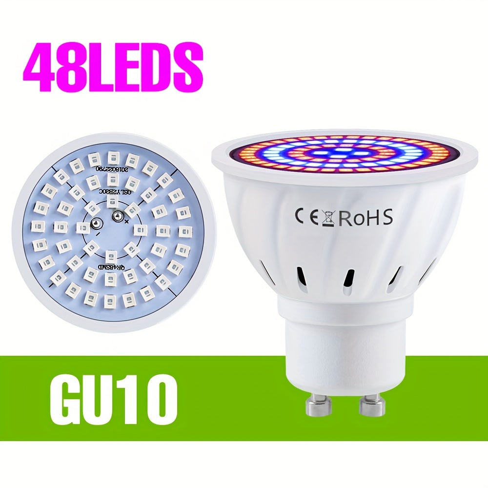 LED grow light bulb with full spectrum, 220V, compatible with E27 & GU10, suitable for indoor plants, hydroponics, succulents, and seedlings. Has UV IR for plant growth, available in red