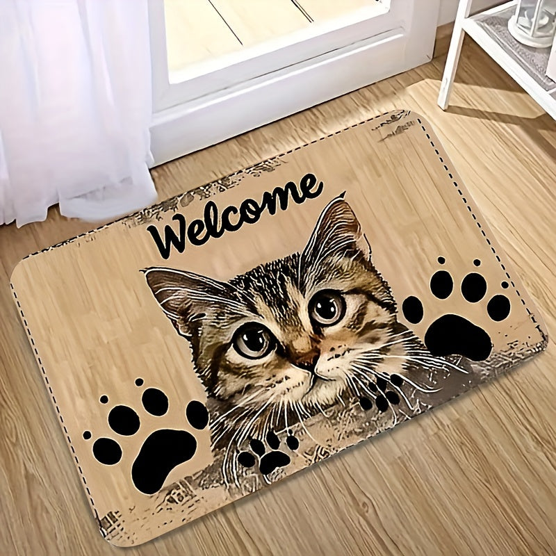 Charming Cat Design Welcome Mat - Durable, Grip-Enhancing, Easy-Clean Polyester Rug for Living Room, Bedroom, or Game Area