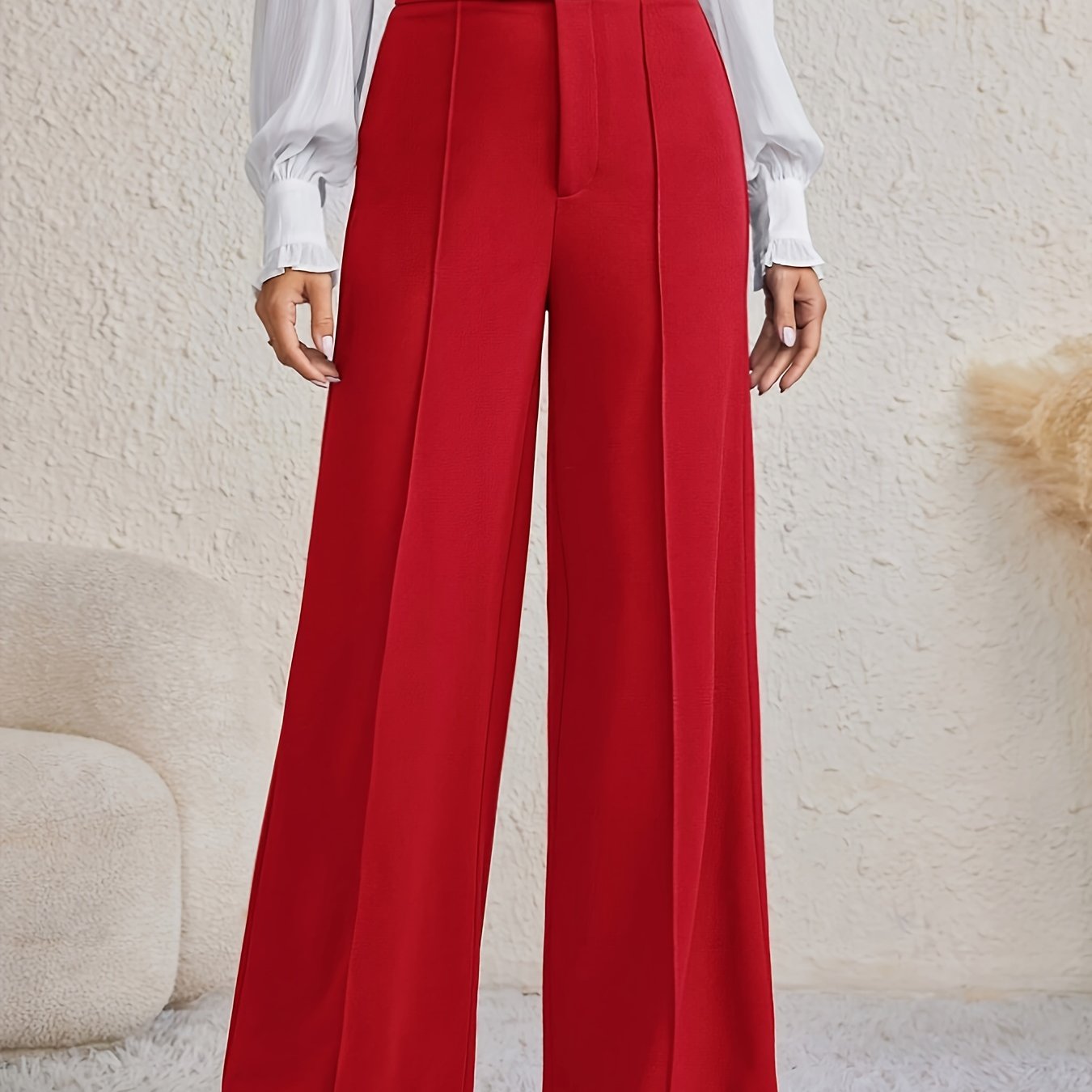 Women's High-Waisted Palazzo Pants - Elegant, Wide-Leg, Button Fly, Suitable for Work and Casual Wear