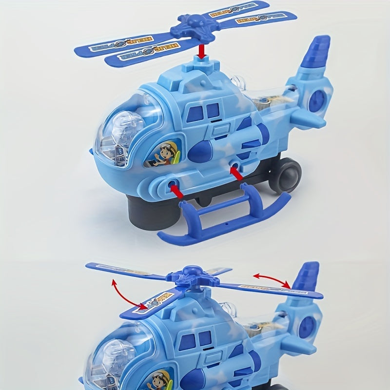 Toy electric helicopter for kids with lights and music, can rotate 360 degrees, made of sturdy plastic, perfect for boys and girls, great for holidays and playtime.