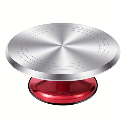 This versatile cake decorating turntable features a golden aluminum alloy surface with an anti-slip plastic base. It can be used for various tasks such as cake decoration, clay sculpting