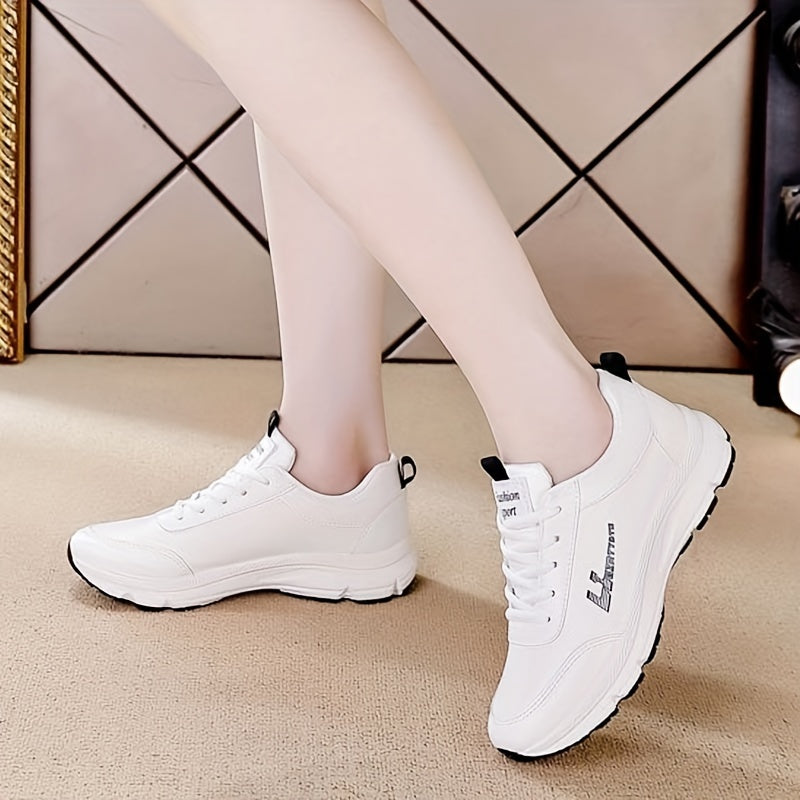 Women's White Lightweight Chunky Sneakers with Soft Rubber Sole, Lace-Up Low Top, Perfect for All Seasons, Casual Dad Shoes.