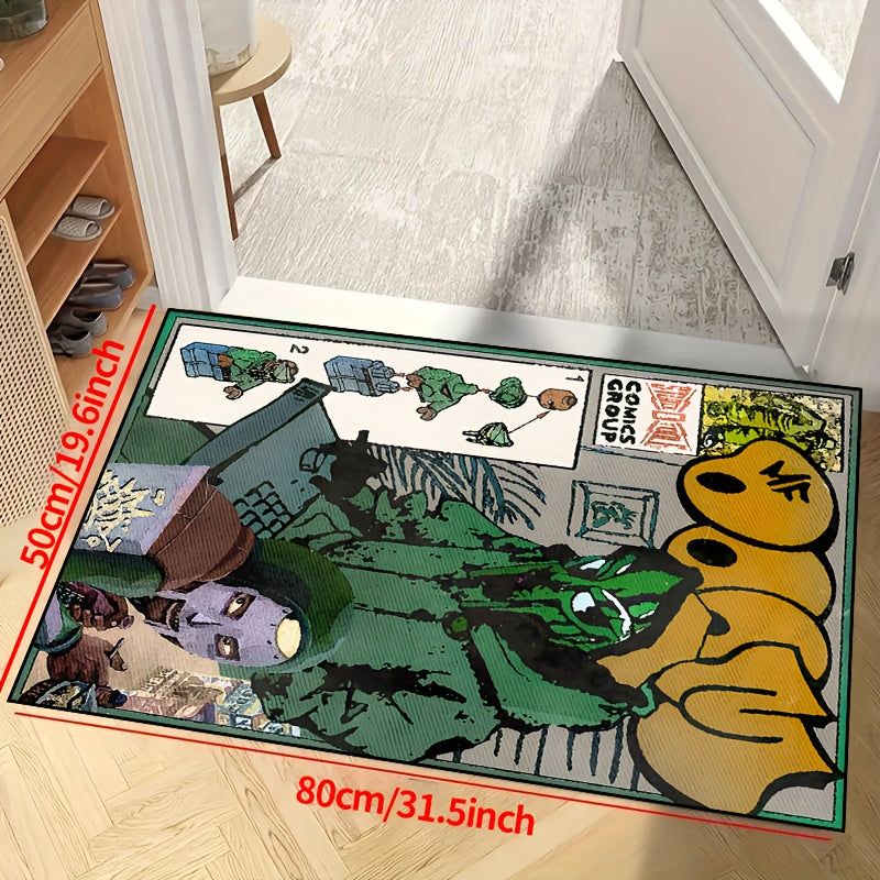 Vibrant 'Green Toy Building Blocks Comics' Non-Slip Area Mat - Available in Multiple Sizes for Living Room, Bedroom, Nursery, Entryway, and Outdoor Spaces. Made of Durable Polyester Material, Machine Washable. Perfect Addition to Your Home Decor!