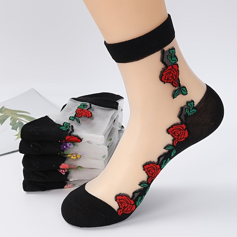 5 pairs of women's floral crystal mesh short socks in black with multicolor flower patterns. Made of ice silky fiber that is breathable and lightweight. Hand wash only. Cute socks.