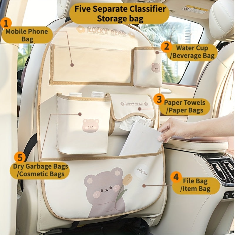 Adorable Bear & Bunny Car Organizer - Versatile Seat Back Storage with Trash Bin, Tissue Holder, Cup & Phone Slots, Long-lasting Faux Leather, Simple to Clean - Ideal Gift for the Holidays