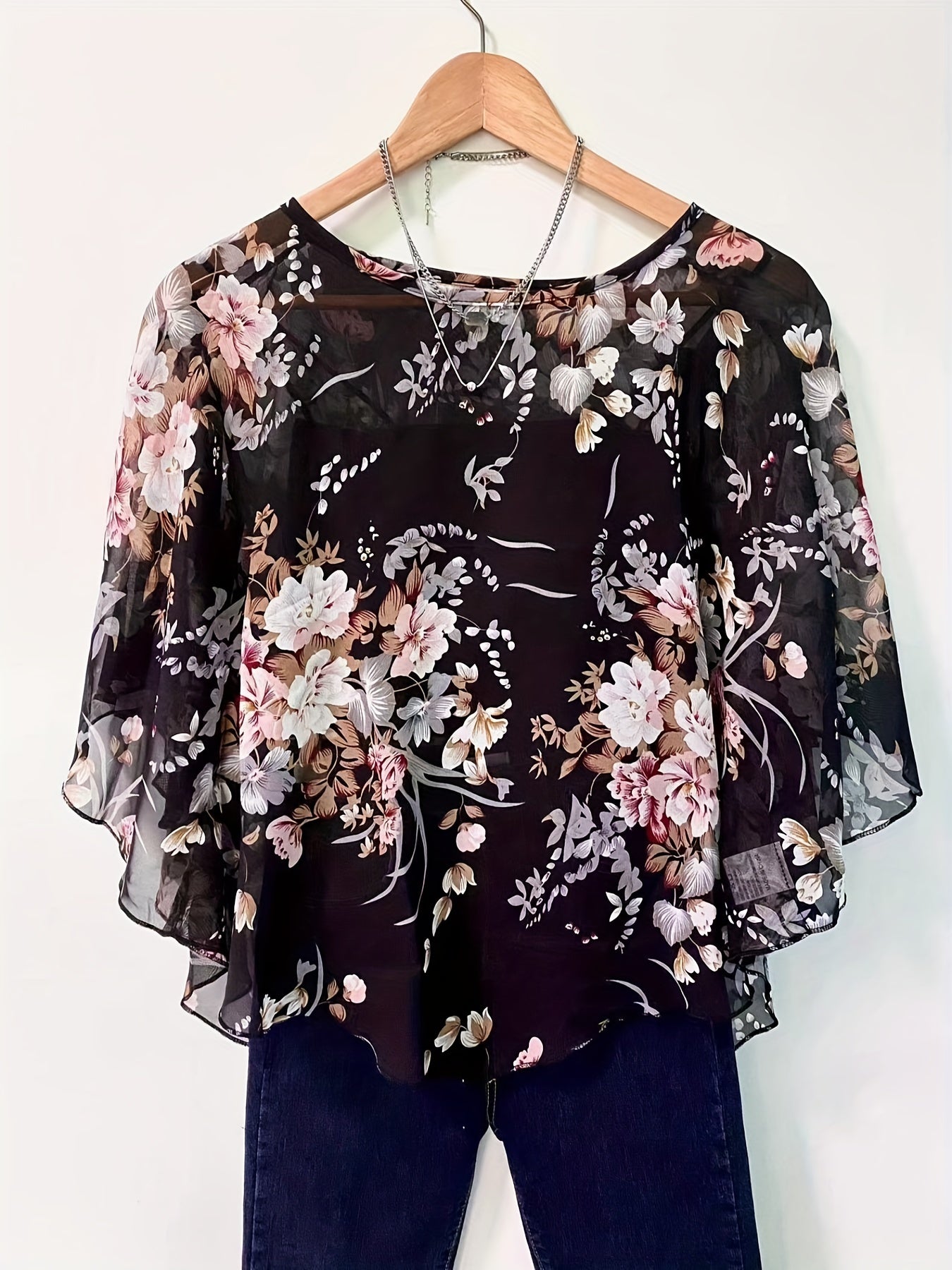 Floral Print Asymmetrical Blouse for Women - Sheer Sleeve, Sun Protection Shirt, Beachwear