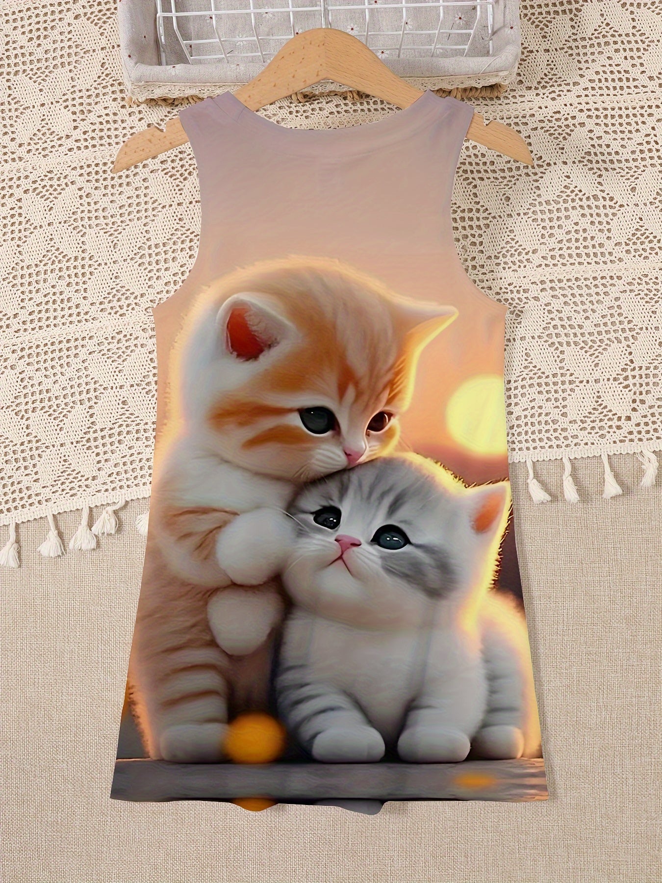 Illustrated kitten and sunset sleeveless dress for spring and summer outings.