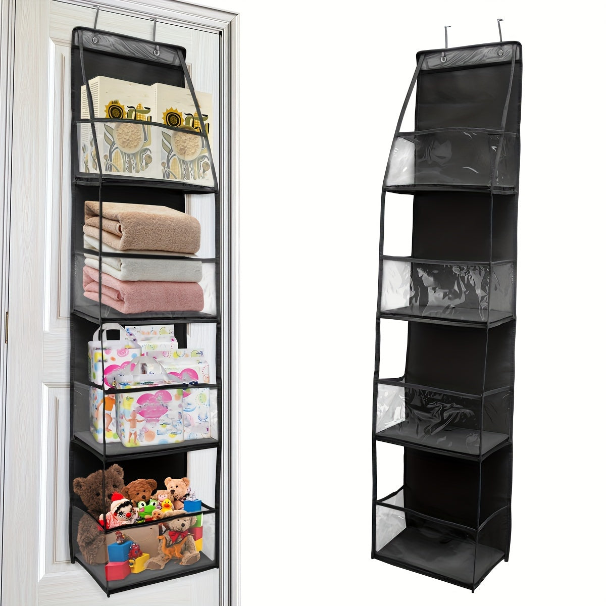 1 piece Over-the-Door Hanging Storage Organizer with 4 shelves - Versatile Polyester Storage Solution for Sundries, Toys, Books & Food. Waterproof design for Bedroom, Cloakroom, 14 inches.