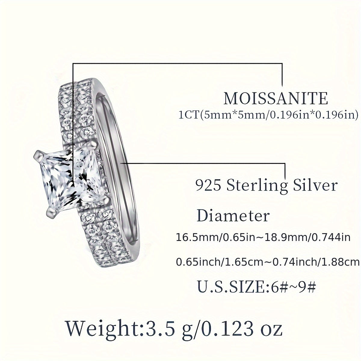 Two-piece set of hypoallergenic 925 sterling silver rings featuring a 1ct square moissanite stone, perfect for stacking. Ideal for proposal, engagement, or wedding band, this eternity ring makes a thoughtful gift for women. Comes with a gift box for easy