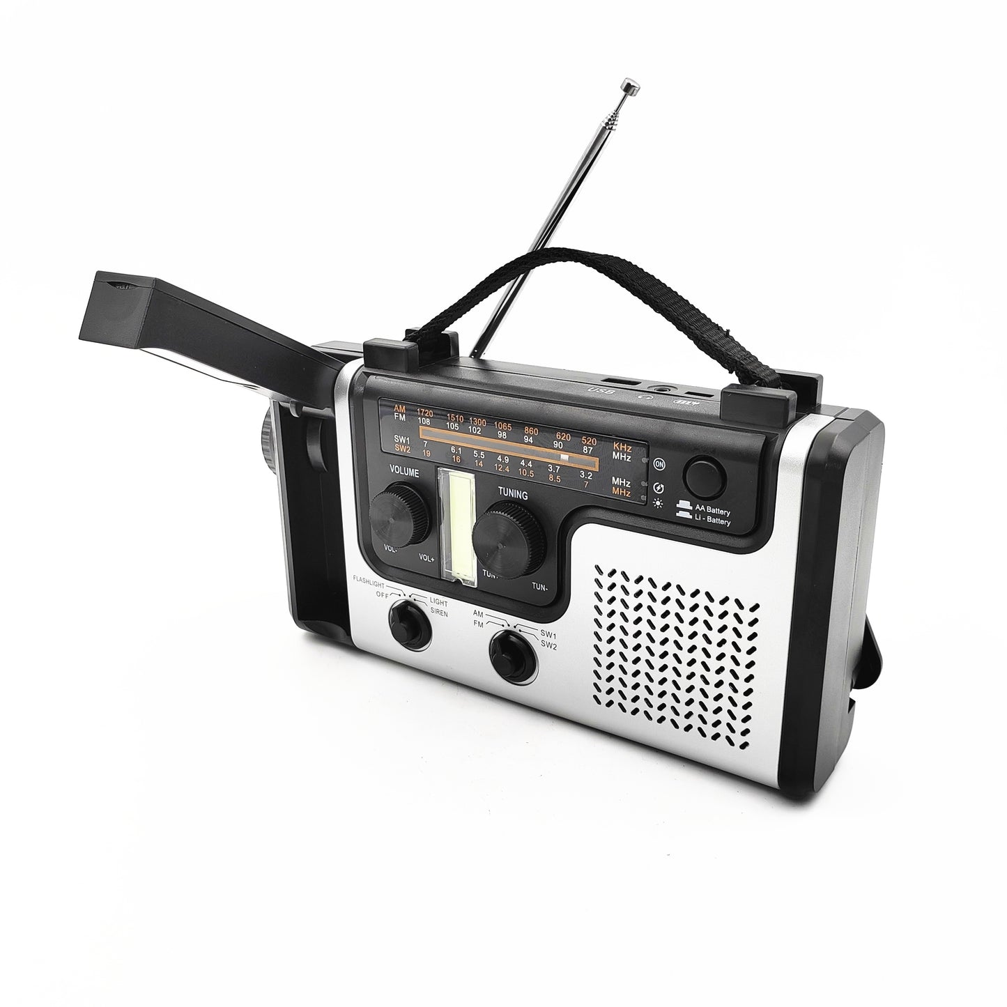 Hand crank emergency radio with AM/FM/SW bands, flashlight, siren, reading light, and mobile phone charger.