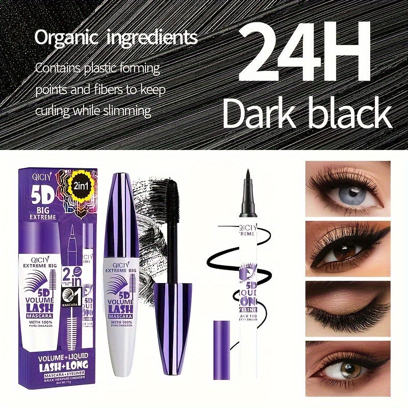 Waterproof 5D Volumizing Mascara & Eyeliner Set with Silicone Brush - Long-lasting makeup for all skin types, quick dry.