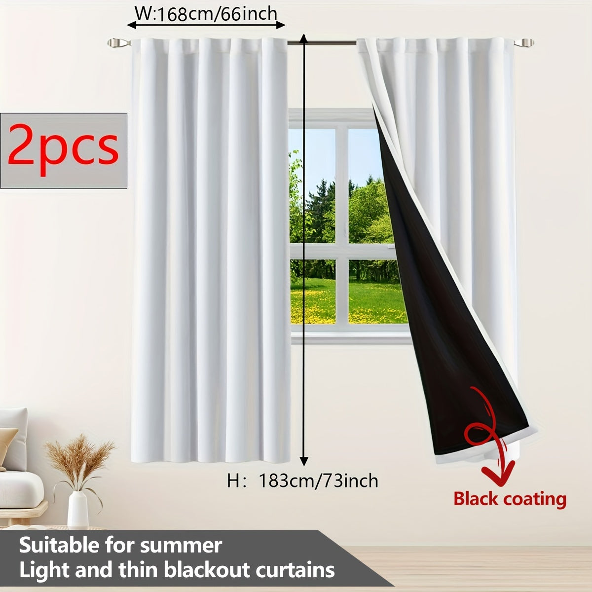 Two pieces of contemporary blackout curtains made from thermal insulated twill weave polyester. They are designed to reduce noise and block out light, making them perfect for the living room, bedroom, or study. These curtains feature a hook and ring rod