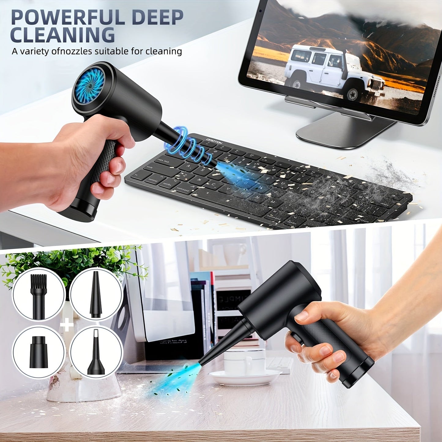 Black Portable 3-Speed Electric Air Duster with LED Light - Cordless, Rechargeable 4000mAh Battery, Perfect for Keyboards & Electronics, Rapid Charging