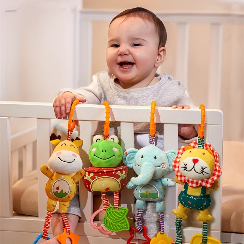 Plush Animal Baby Grip Toy Set - includes Lion, Frog, Elephant, and Fawn Toys with Wind Chime and Hanging Pendant for Crib, Suitable for Babies 0-3 Years - Educational Rattles, Perfect for Christmas, Thanksgiving, Halloween, and Easter Gifts.