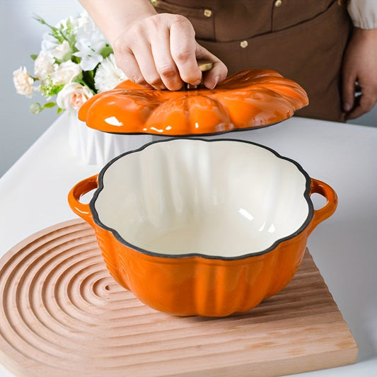 Set of cookware including a cast iron pumpkin-shaped saucepan with a golden lid, double handles, and compatibility with oven, stovetop, and gas.