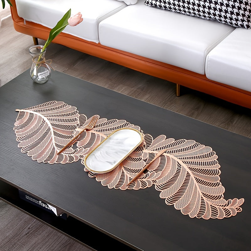 Gold table flag with PVC leaf design, heat-resistant and anti-slip, perfect for coffee tables. 1 piece.