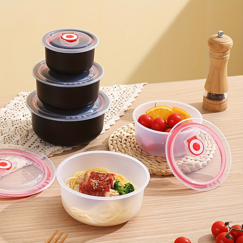 Set of 3 round plastic storage containers with leak-proof, reusable, multipurpose flip-top lids for kitchen organization. Made of wheat straw material, these fresh-keeping bowls are perfect for storing grains, fruits, vegetables, and meals. Easy to hand