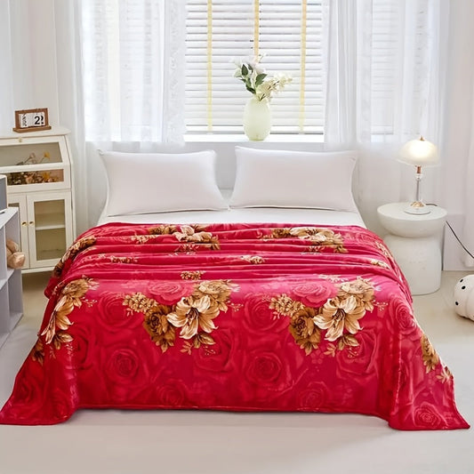 Modern red flannel bed blanket with a woven peony flower pattern. Made of polyester, this blanket is machine washable and offers all-season comfort. Perfect for Christmas and Valentine's Day gifts.