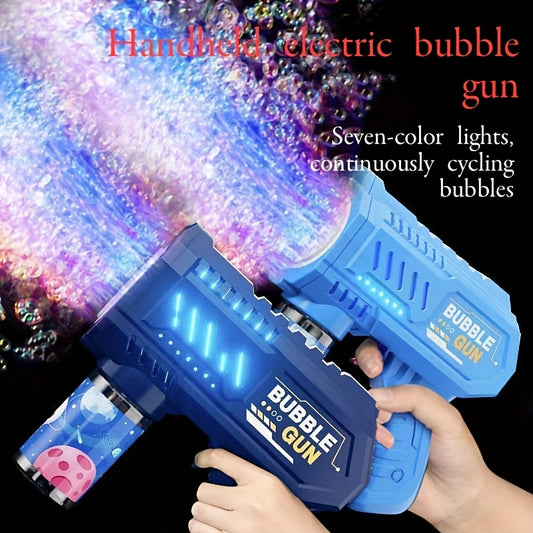 1pc Electric Bubble Gun for kids with LED lights, refillable solution, perfect for parties.