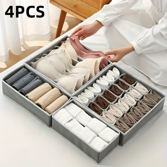 Set of 4 foldable storage boxes for organizing socks, bras, underwear, ties, belts, and scarves in closet drawers.