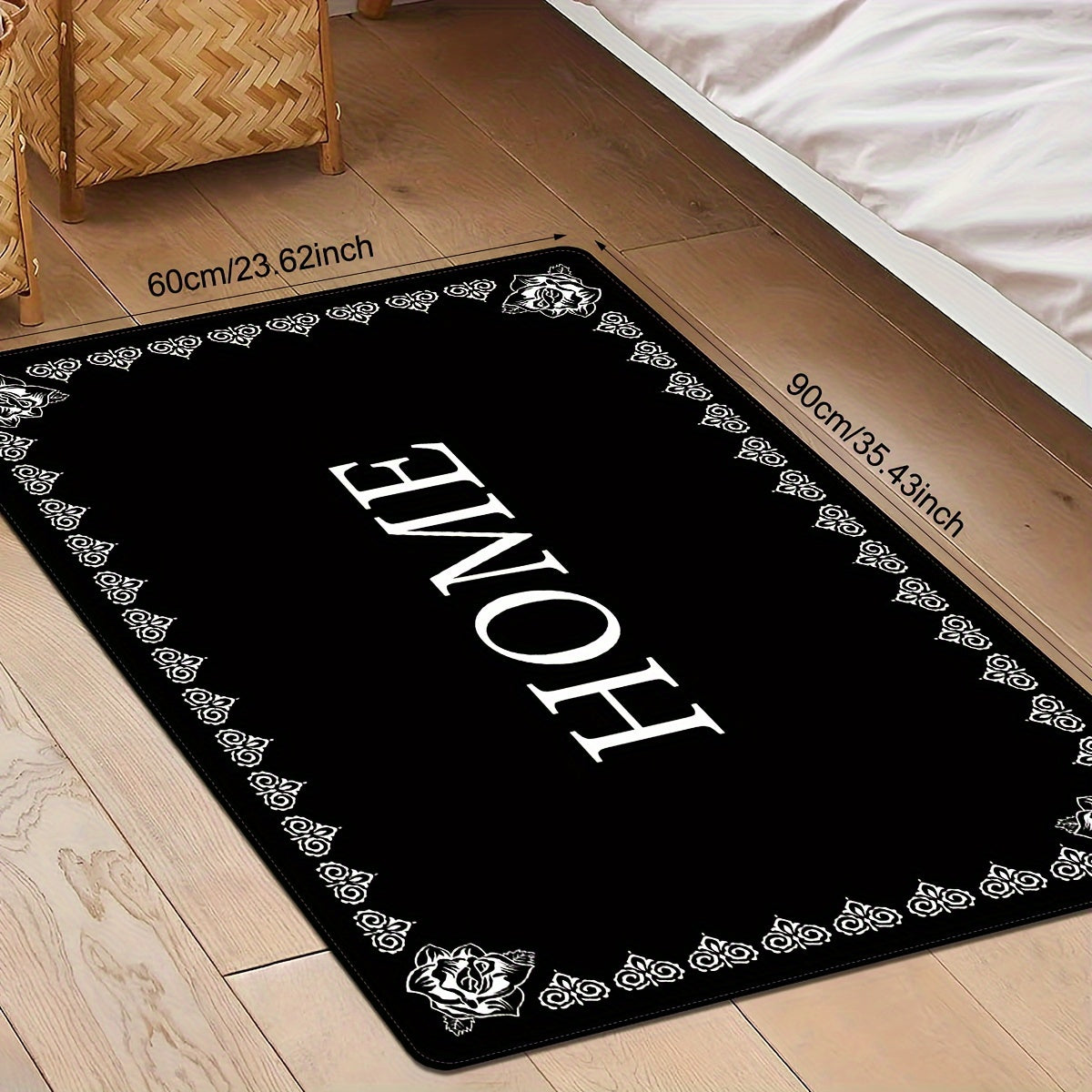 Long-haired flannel floor mat with 1cm sponge bottom, featuring an alphabet printed pattern that says "Welcome Home." Perfect for the kitchen, bathroom, hallway, laundry room, or sink area. This rug is a stylish addition to your home decor and is easy to