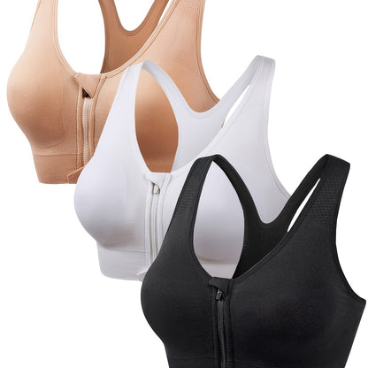 Three front zipper sports bras for running and yoga, comfortable and soft, designed for women's lingerie and underwear.