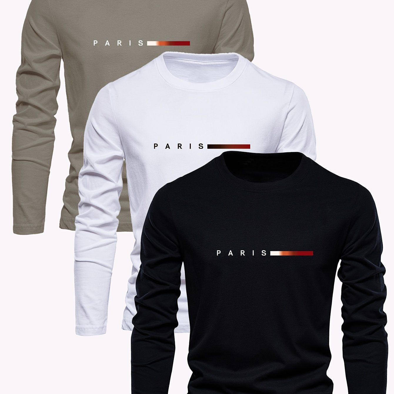 Three men's long sleeve cotton t-shirts with Paris print design, ideal for spring and fall.