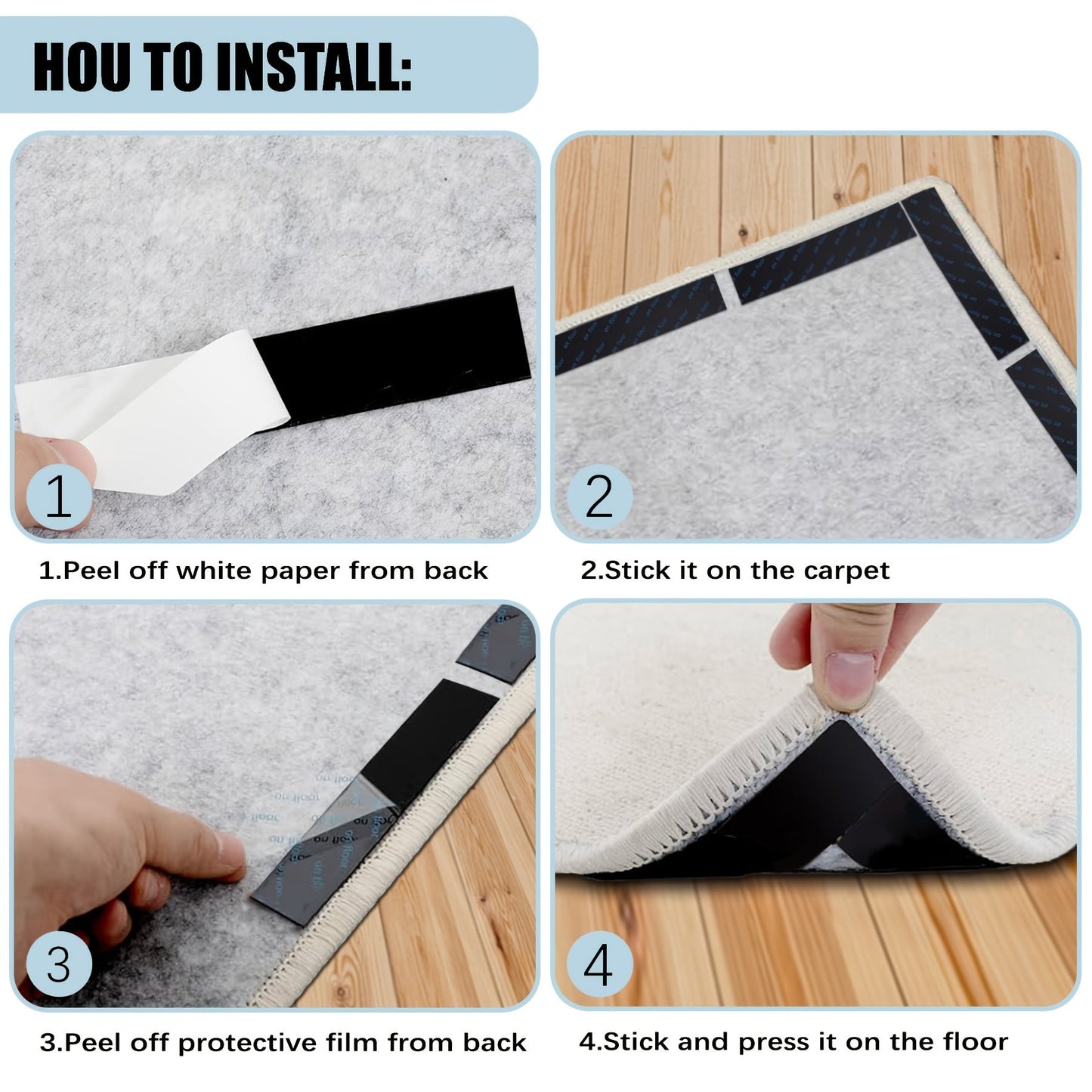 Get a set of four Silicone Rug Grippers - Double-Sided and Reusable Rug Tape Stickers for Non-Slip Grip on Hardwood Floors. These Waterproof Carpet Edge Grip Tape is perfect for use in offices and bedrooms.