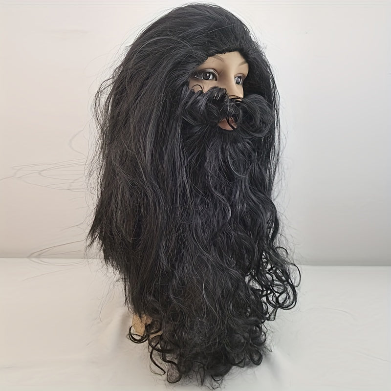 Set of 3: Men's Long Black Wig and Beard with Glasses for Halloween Caveman Costume